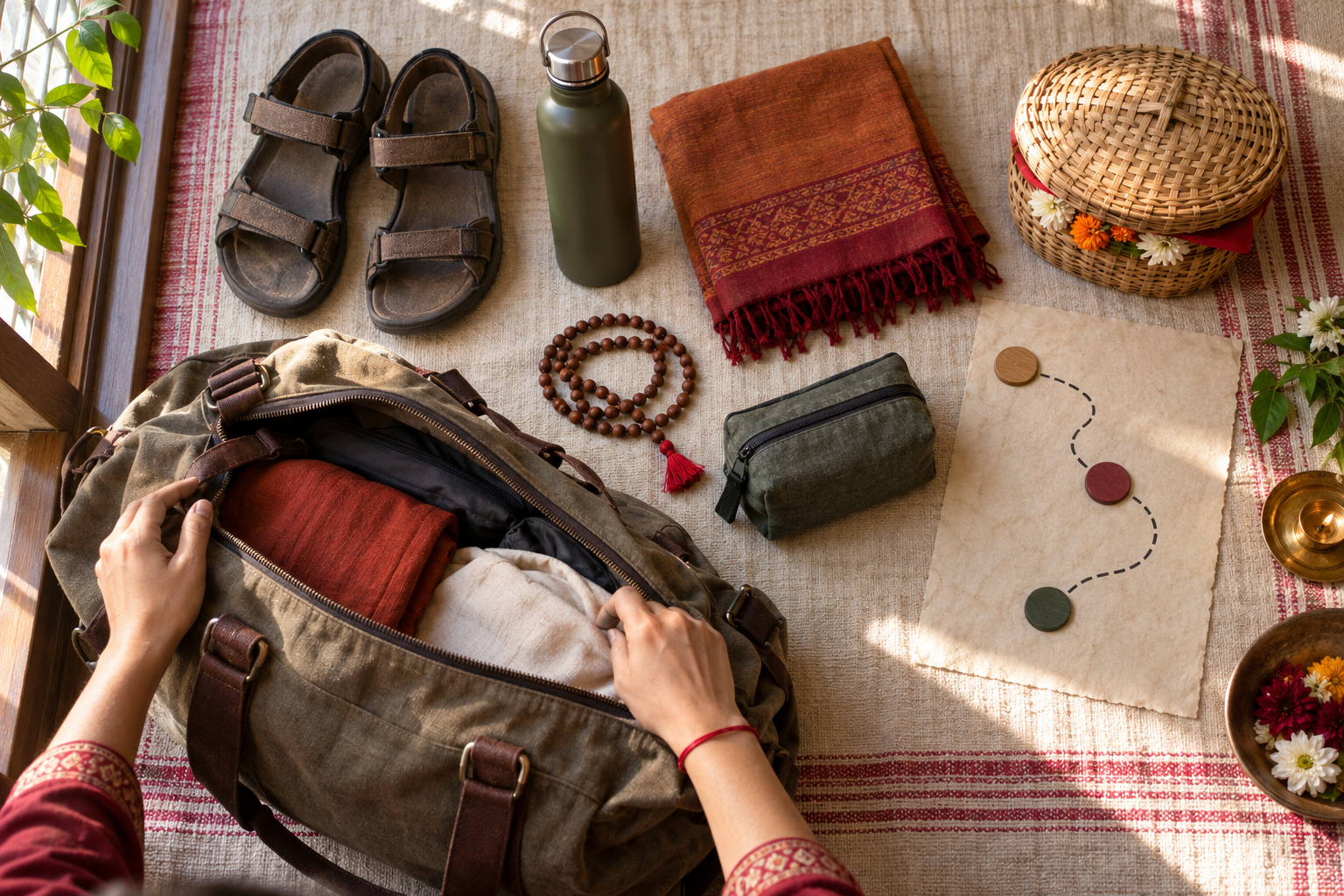A pilgrim prepares a travel bag with sandals, water, a shawl, prayer beads, offerings, and medicine beside an unlabelled route sketch.