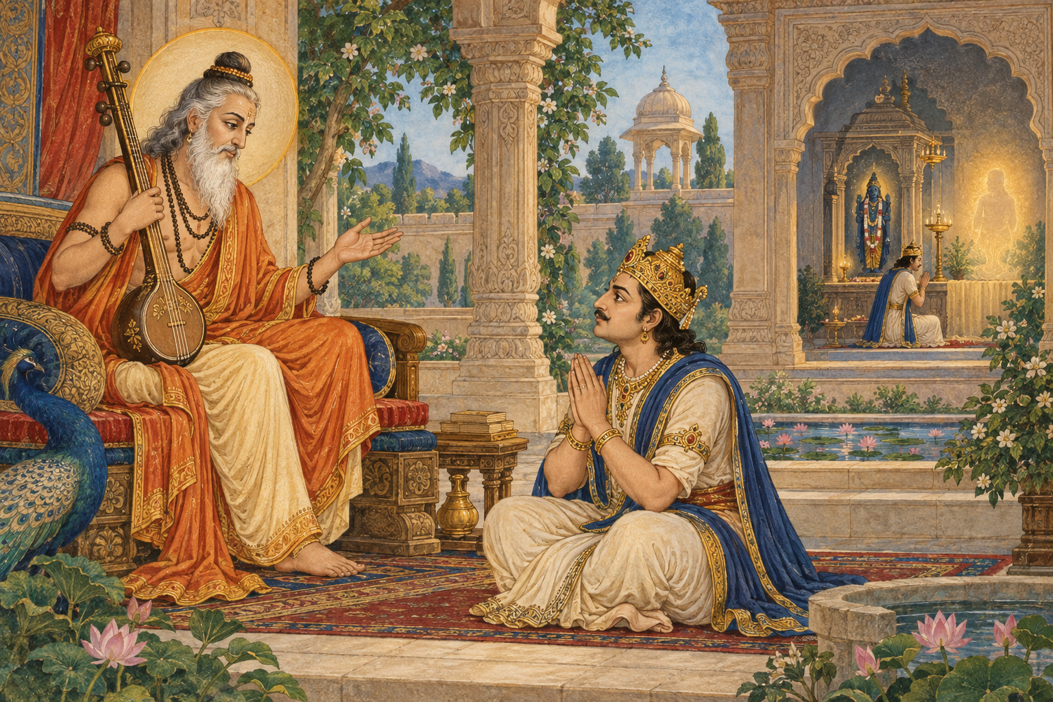 King Indrasena listens to the sage Narada before undertaking a Vishnu-centered observance for an ancestor.