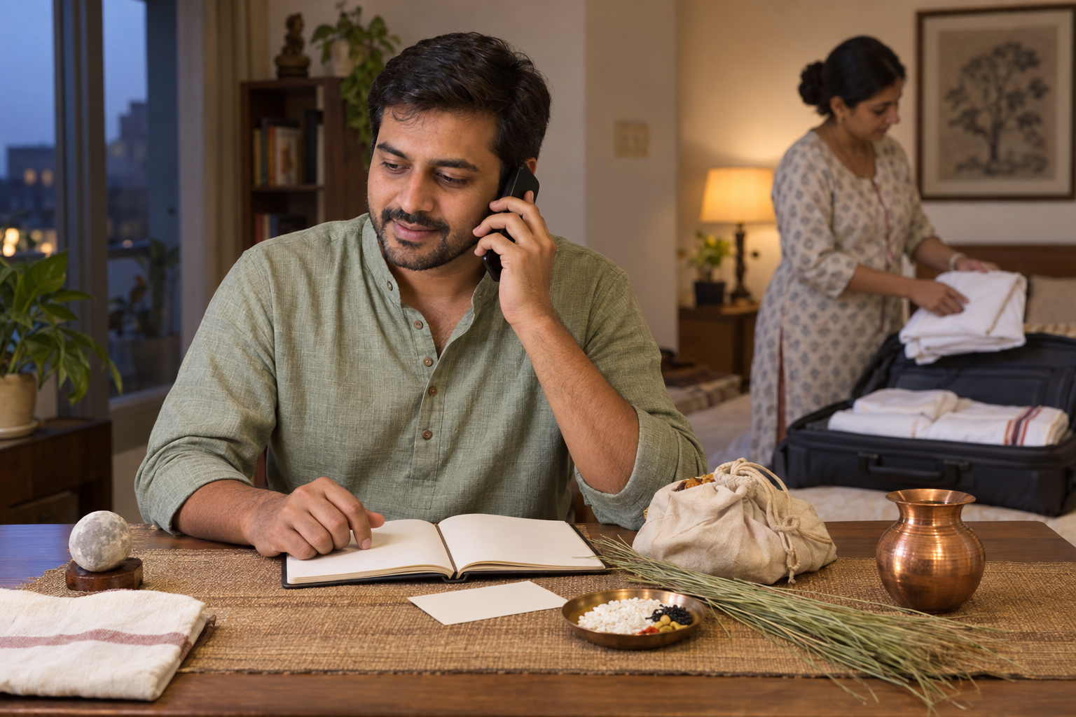 A traveler speaks on a phone beside blank planning papers, ritual supplies, a copper vessel, and a partially packed travel bag.