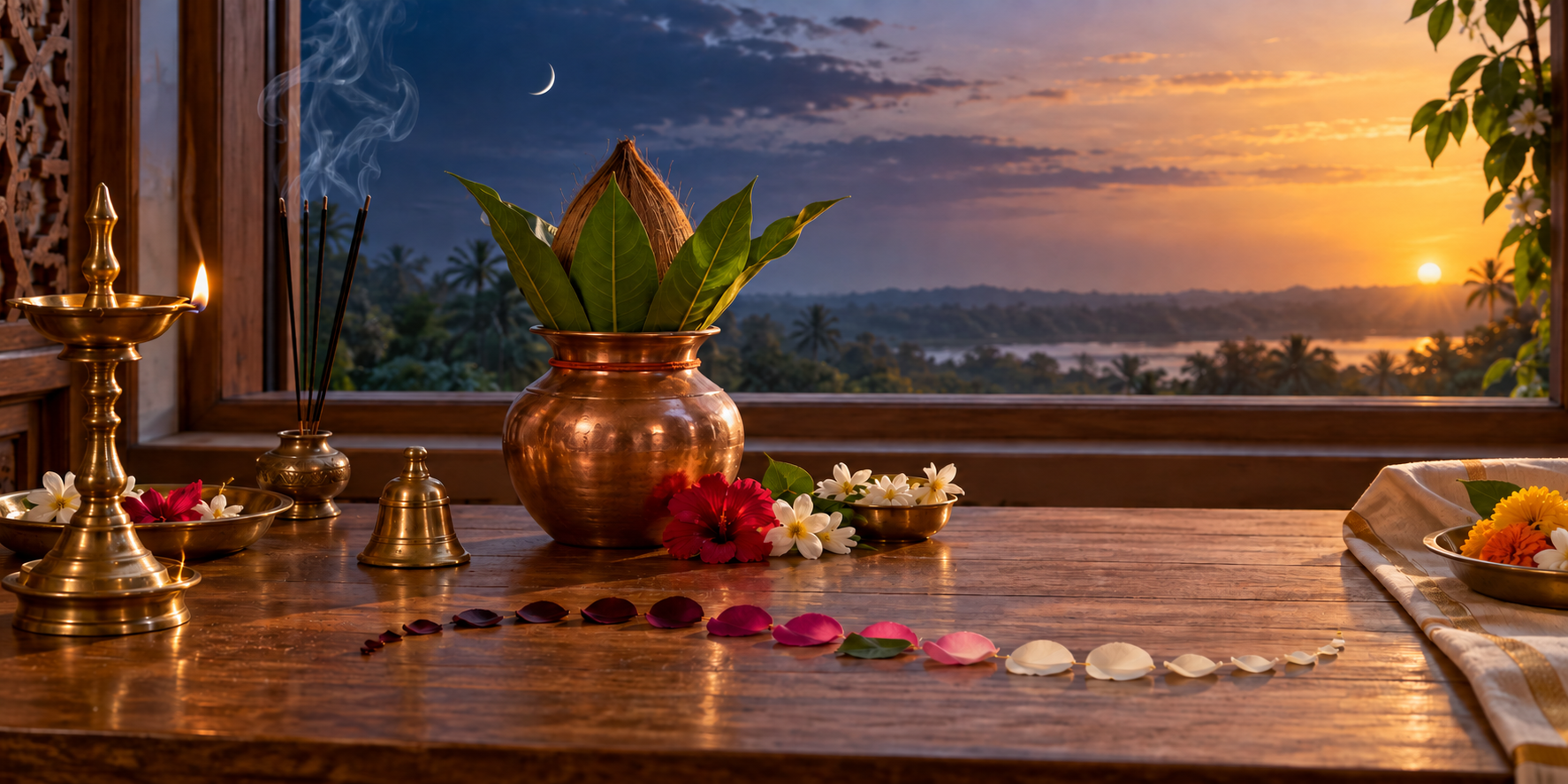 A brass oil lamp, bell, flowers, incense, and copper kalash arranged for worship beside a window as the sky changes from predawn blue to sunrise gold.