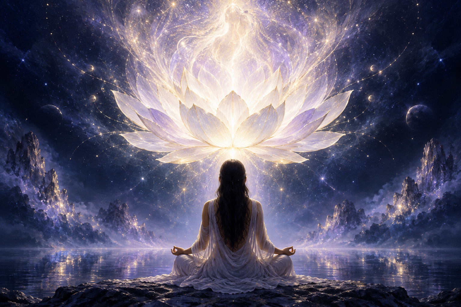 A seated meditator beneath a radiant many-petaled lotus, with a faint feminine presence dissolving into white and violet light above the crown.