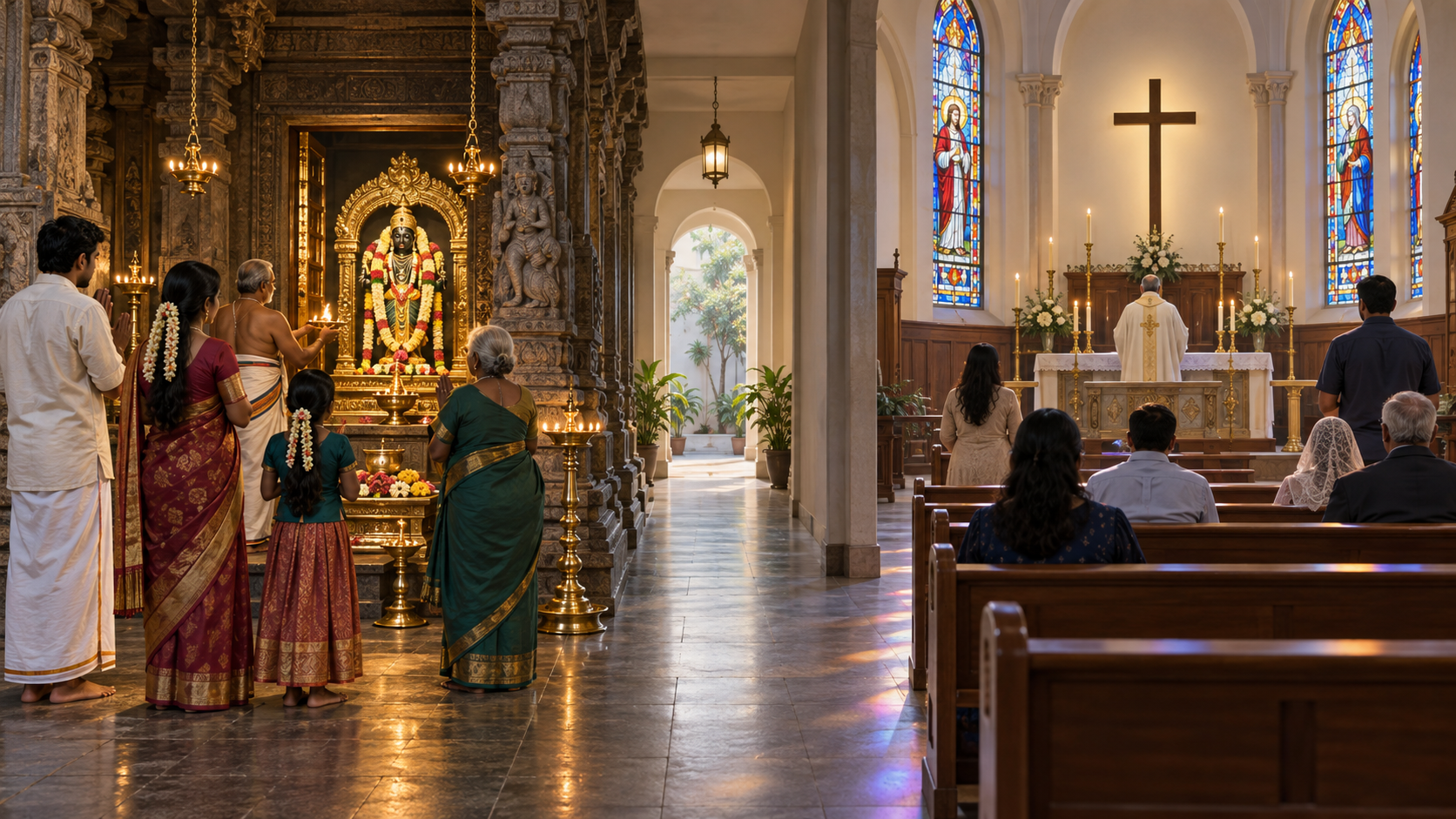 A balanced illustration shows visitors facing the inner shrine of a Hindu temple on one side and the altar of a Christian church on the other.