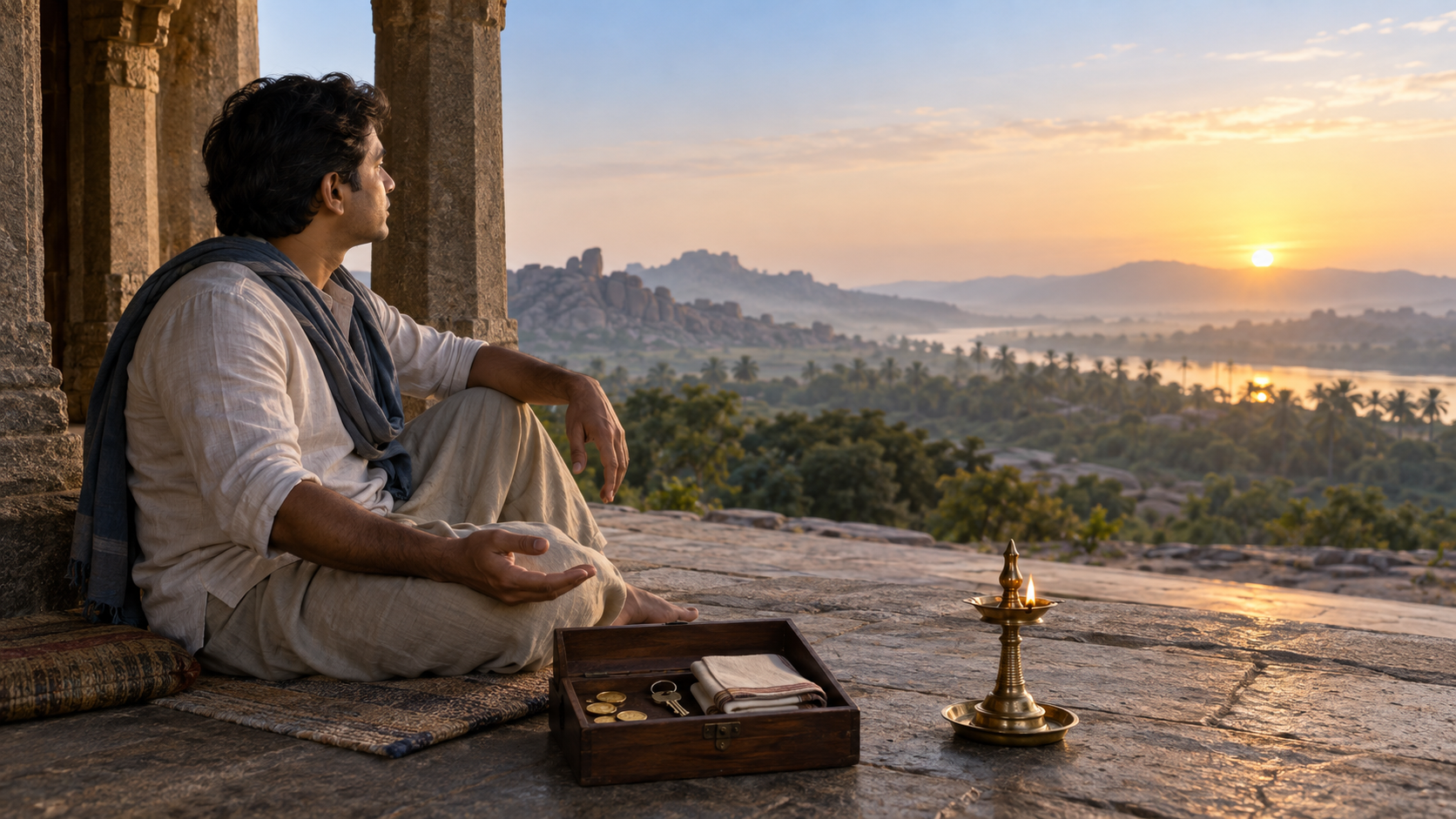 An Indian householder sits at dawn beside a box of coins and household items while looking toward a bright open horizon.
