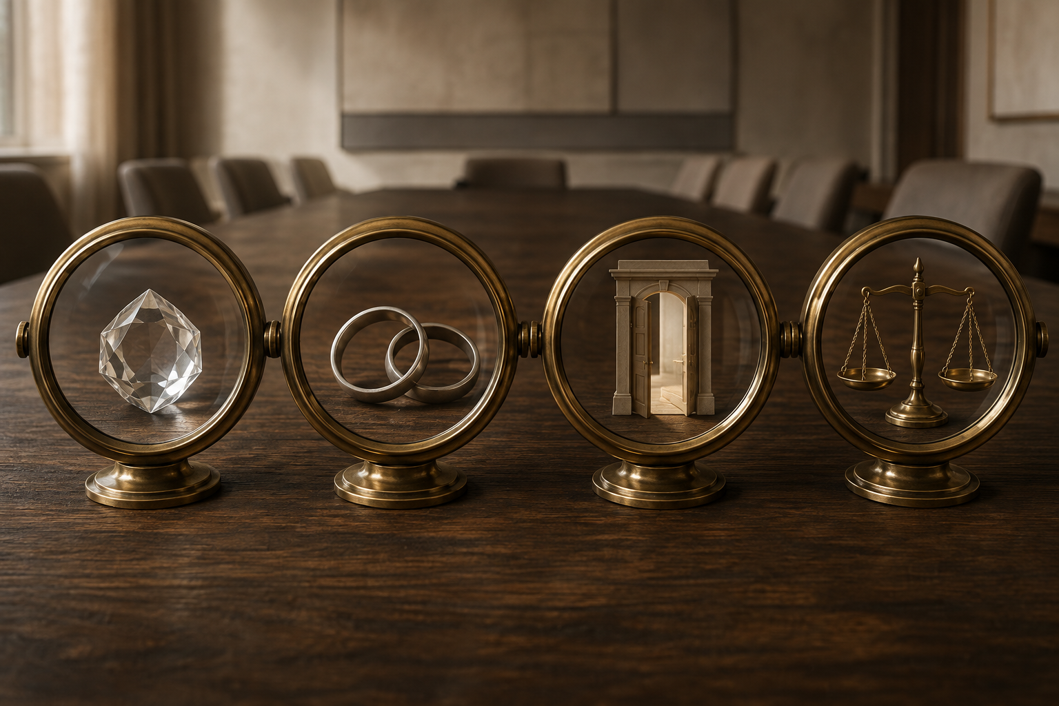 Four brass-framed lenses reveal a crystal, interlocking rings, an open doorway and a balance on a wooden table.