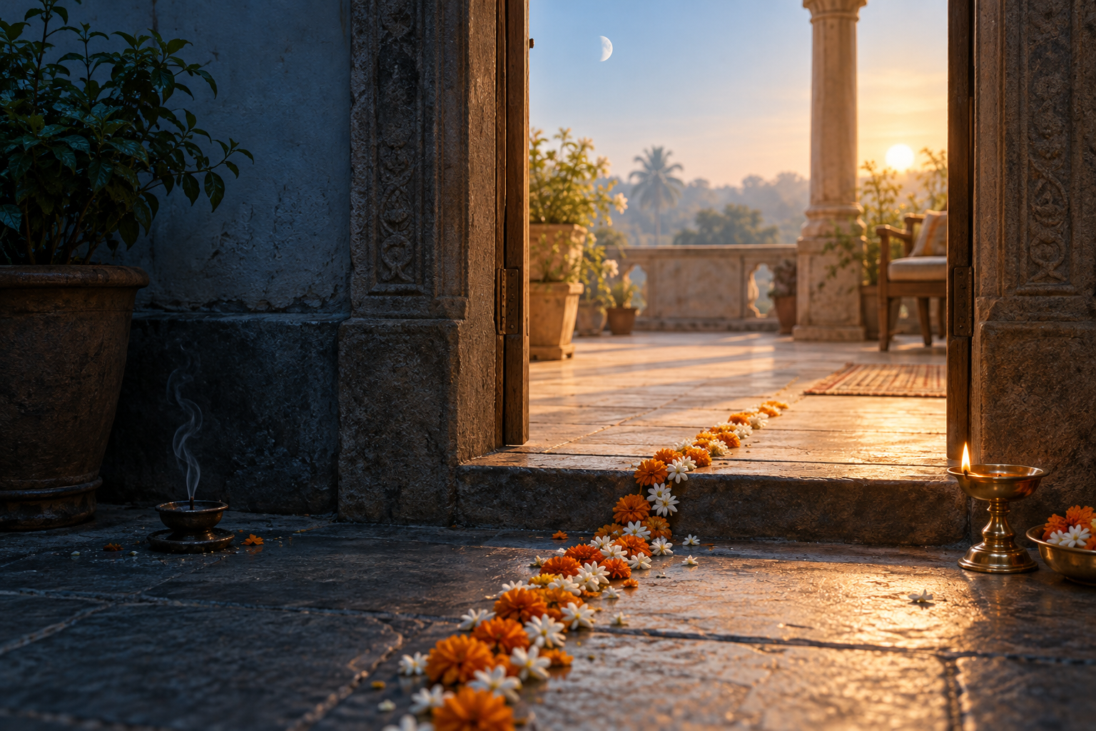 A flower-lined doorway separates a blue predawn courtyard from a sunlit veranda, with a brass oil lamp glowing on the brighter side.