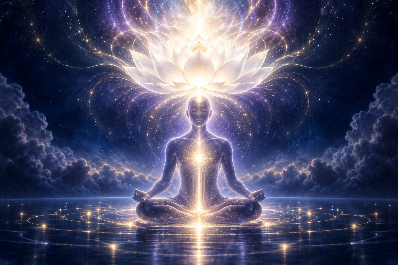 A translucent seated figure with a central column of light opening into a white lotus at the crown.