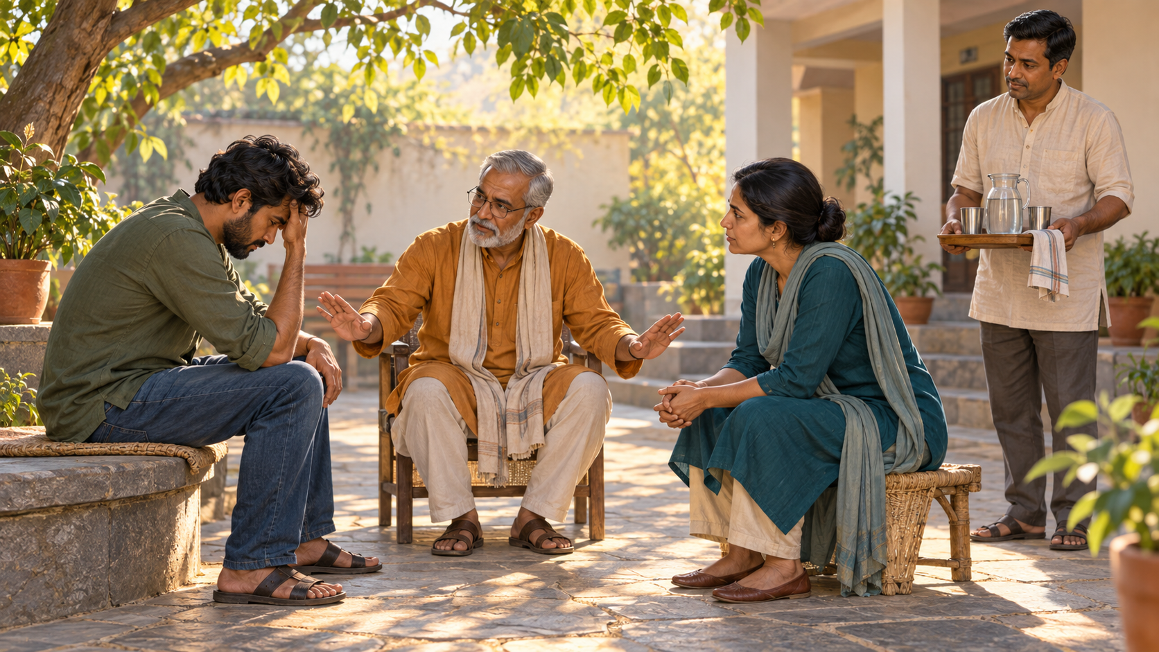 Four adults in an Indian community courtyard respond to a conflict through listening, guidance, a protective boundary, and practical care.