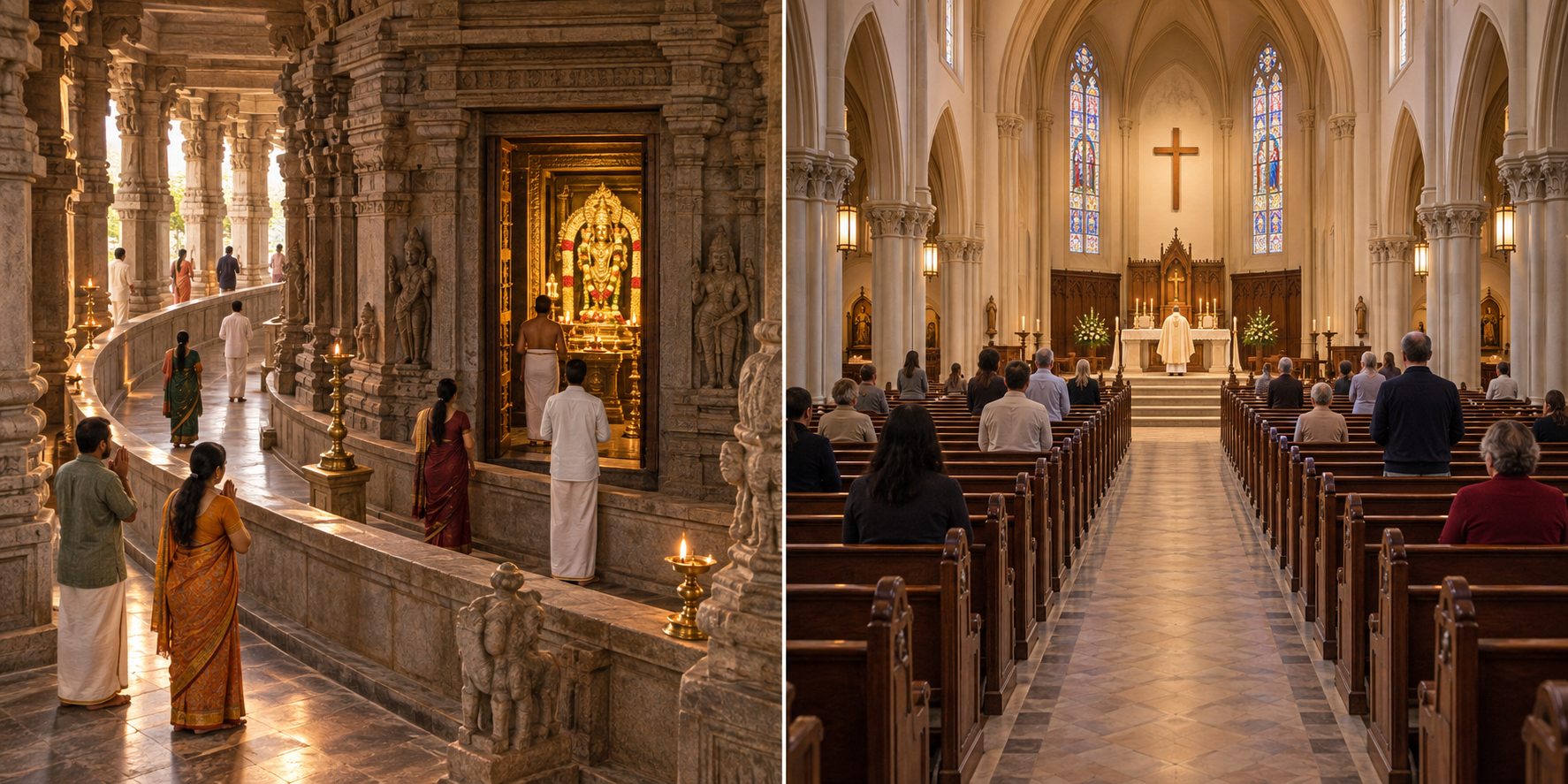 Separate interior views show a Hindu temple organized around an inner sanctum and a Christian church organized along a nave facing an altar.