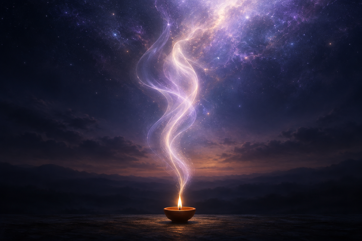 A clay lamp whose white and violet flame briefly suggests a feminine contour before dissolving into open light.