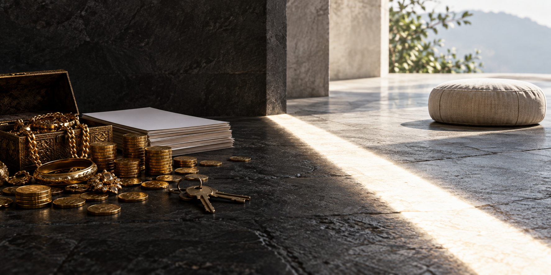 Coins, jewelry, keys, and blank financial papers stop at a band of light before an empty meditation cushion.