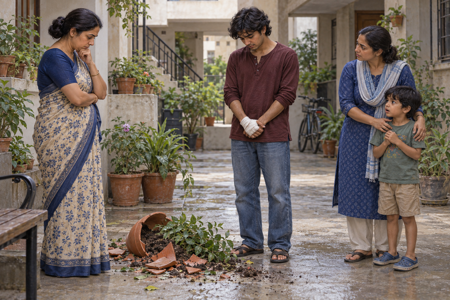 A woman considers a broken planter, a remorseful person with a bandaged hand, and a child standing with another resident in a courtyard.