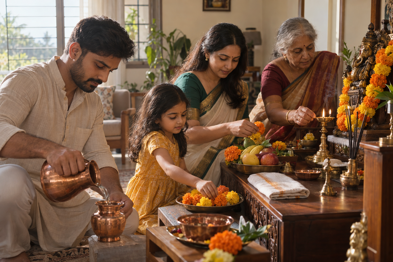 A family prepares a home altar with flowers, fruit, a copper vessel, incense, and a lit brass oil lamp in the morning.