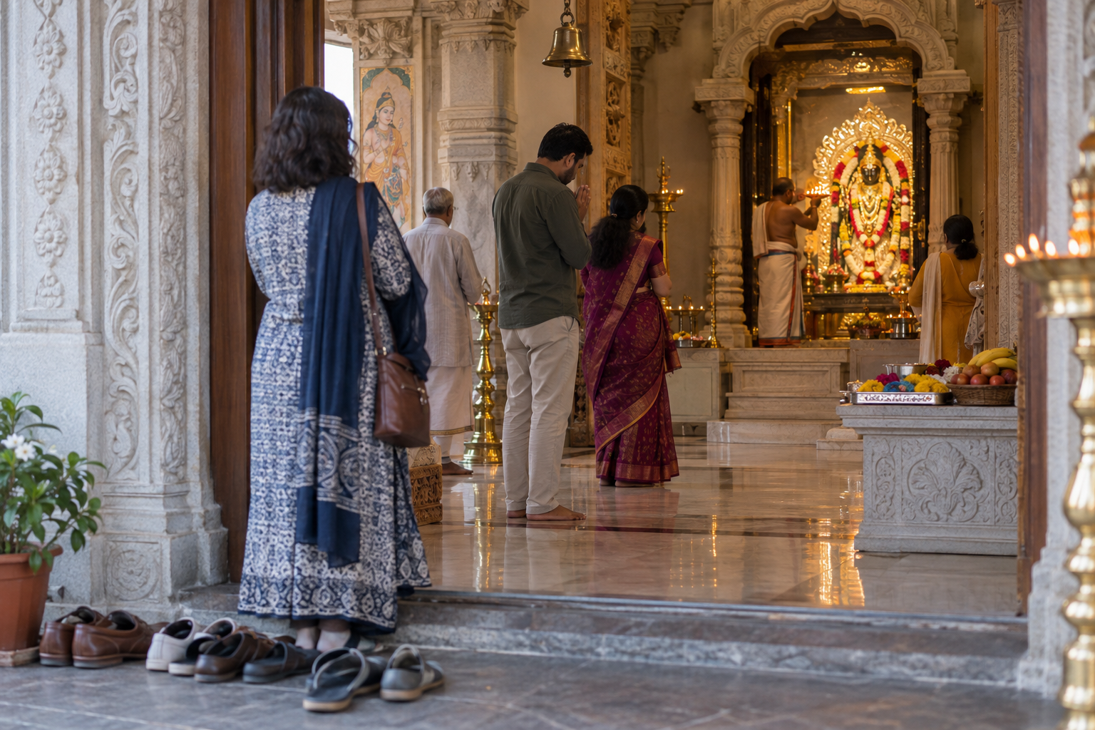 Barefoot visitors observe worship in a Hindu temple as a priest offers a lamp before a flower-adorned shrine.