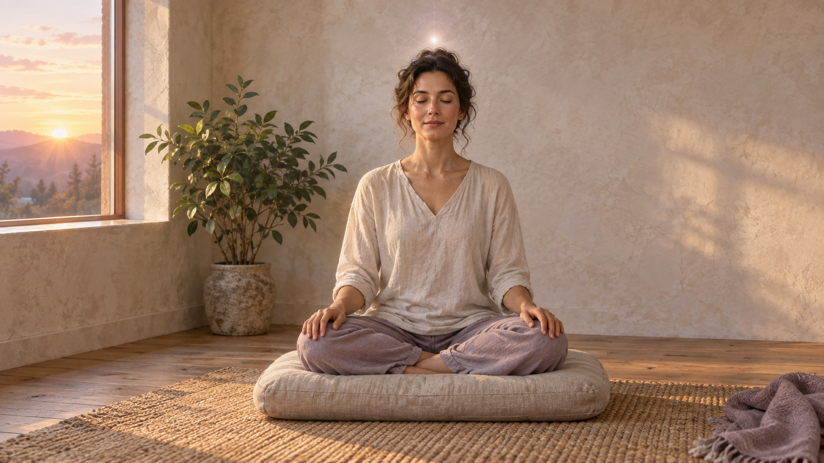 A person meditating on a cushion in a simple dawn-lit room with a subtle glow above the crown of the head.