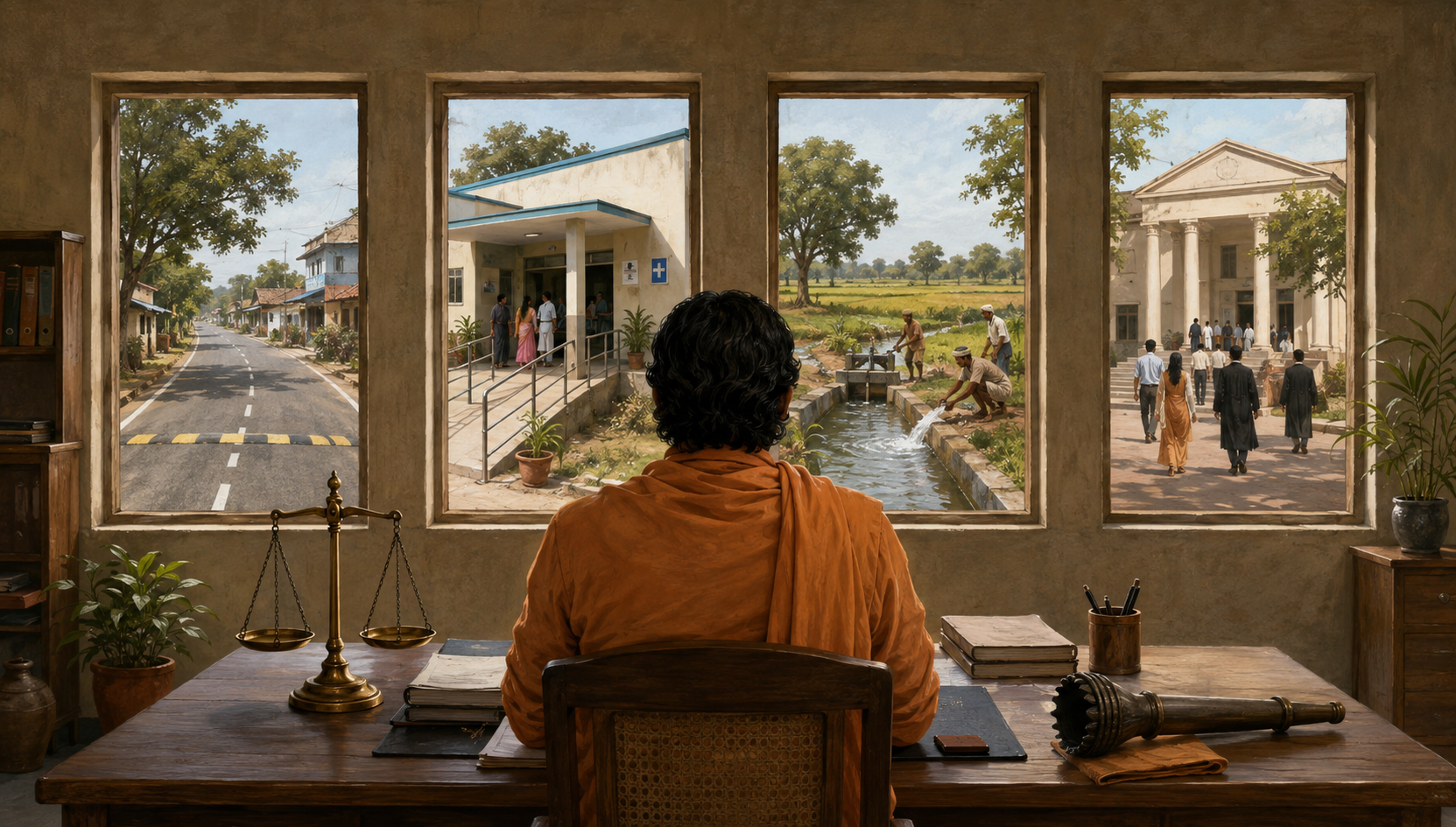 A fictional robed administrator viewed from behind looks through four windows toward a road, clinic, irrigation channel and courthouse, with a balance scale nearby.