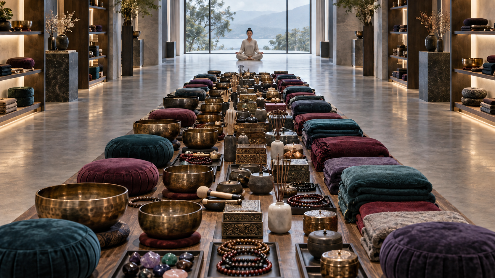 Rows of polished spiritual accessories fill a table while a person meditates empty-handed on the bare floor beyond them.