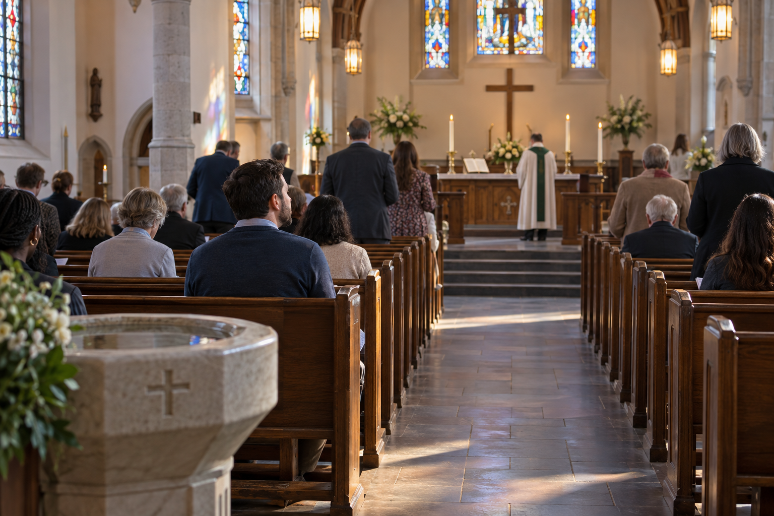 Visitors and congregants gather in a church nave facing an altar with candles and a simple cross.