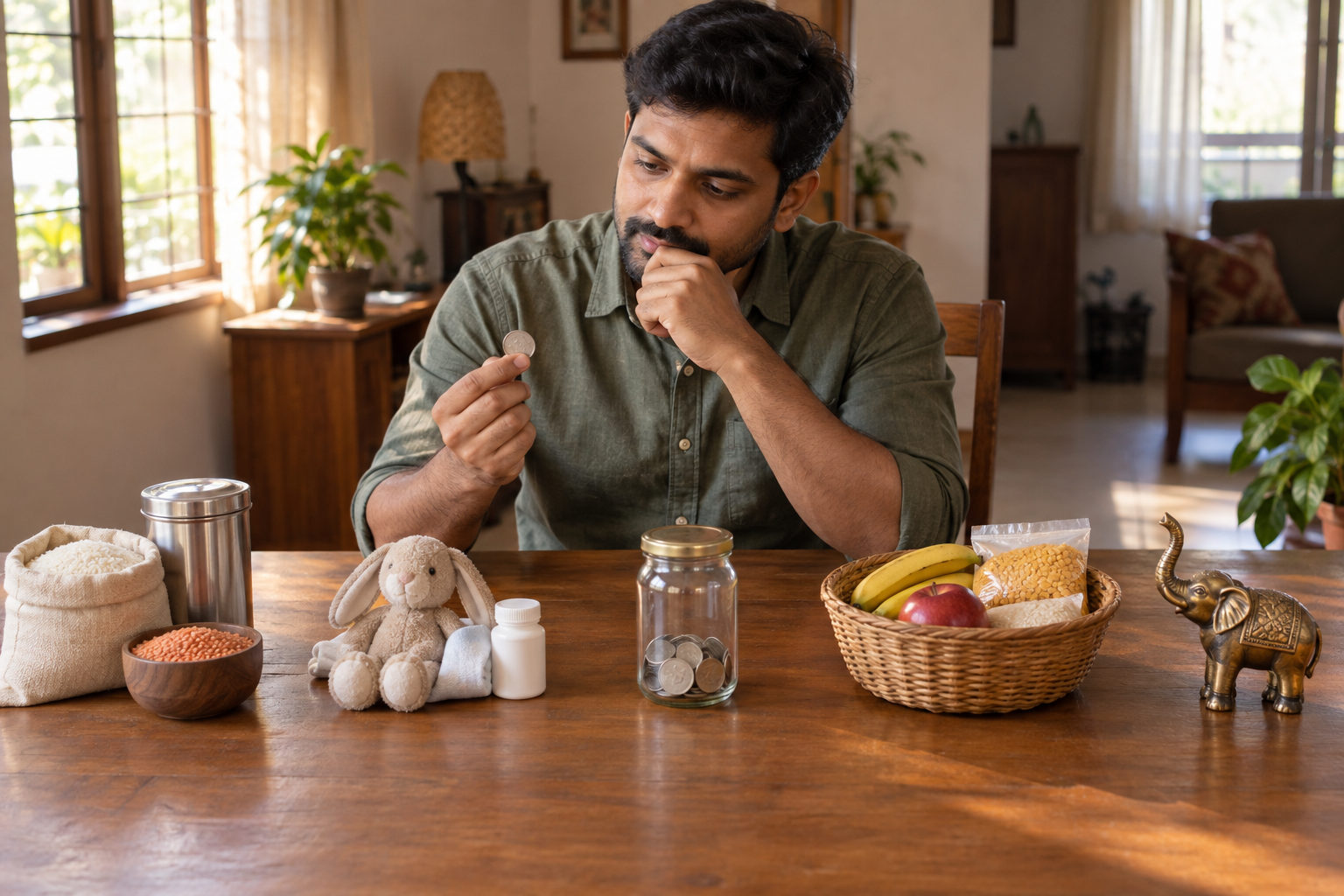 A professional at a home table thoughtfully sorts financial items into five groups for needs, family, savings, giving, and luxury.