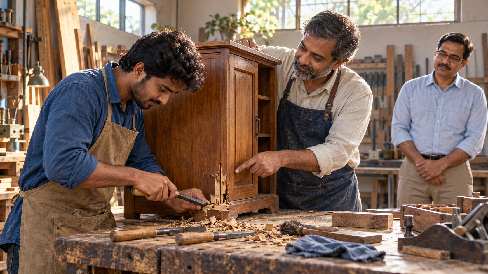 A mentor listens to an apprentice while directing the repair of a damaged cabinet as the customer observes nearby.