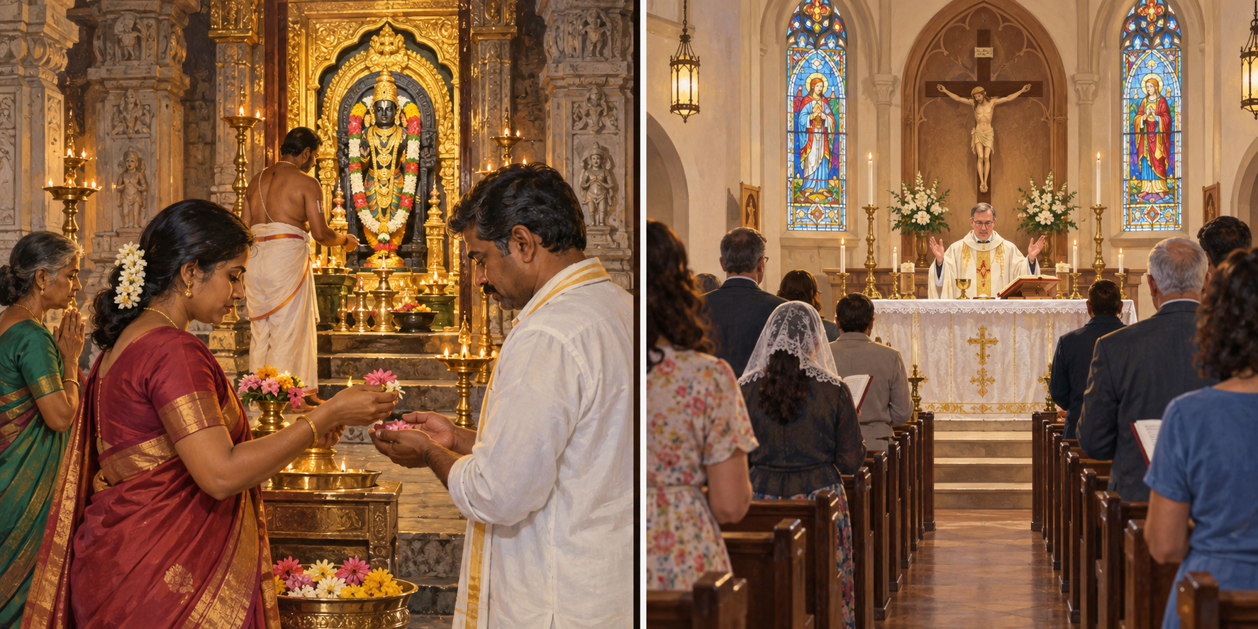 Parallel scenes show flower offering and prasad in a Hindu temple and congregational liturgy at the altar of a Christian church.