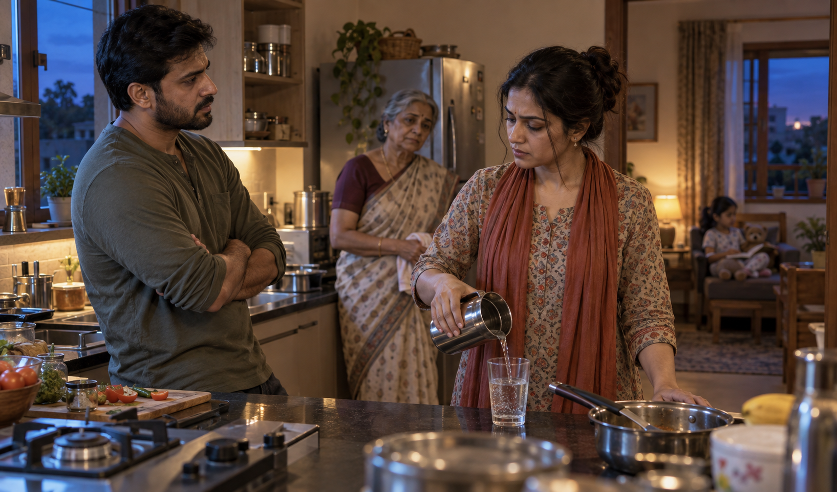 Two adults pause during a tense kitchen disagreement while one sets down a utensil and pours water, with other family members nearby.