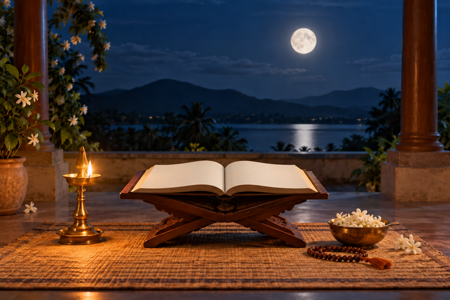 An open sacred book on a wooden stand beside an oil lamp and jasmine flowers under a full moon.