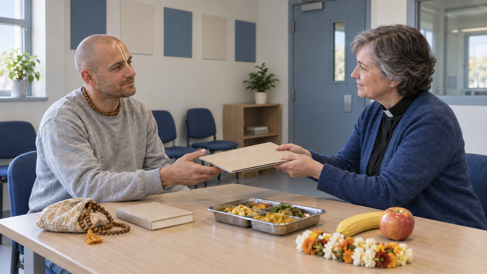 A prisoner wearing Vaishnava tilak and wooden prayer beads meets a chaplain at a table with a folder, devotional items and vegetarian food in a prison multi-faith room.