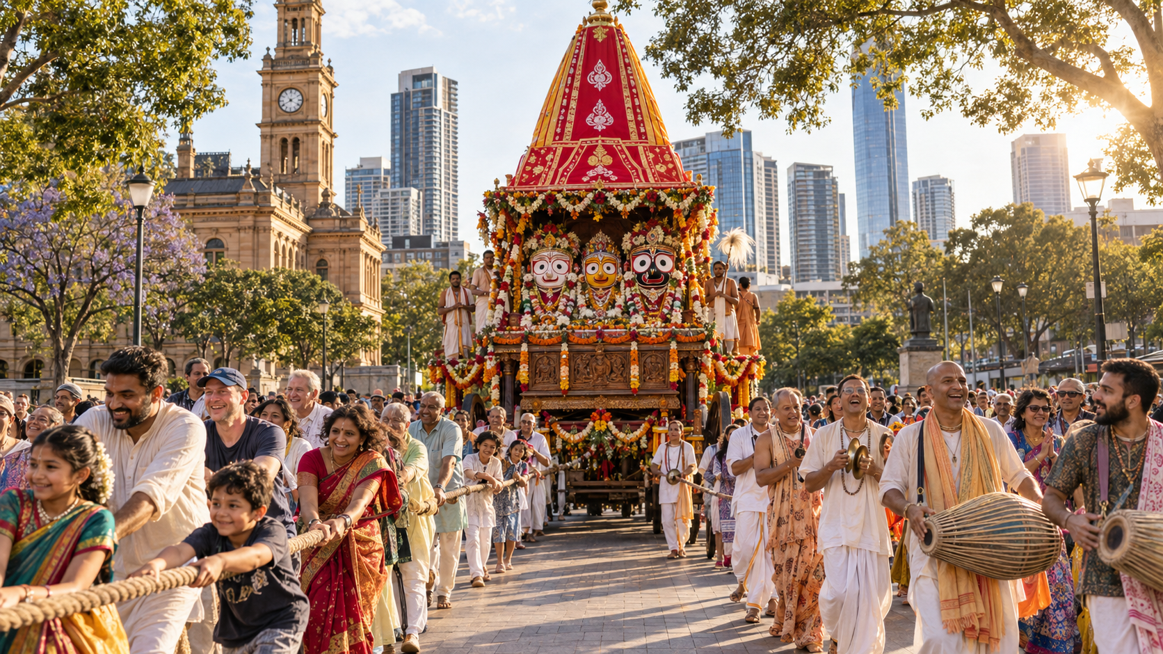 A decorated Rathayatra chariot moves through a Parramatta civic square as a diverse crowd pulls the rope and musicians play drums and hand cymbals.