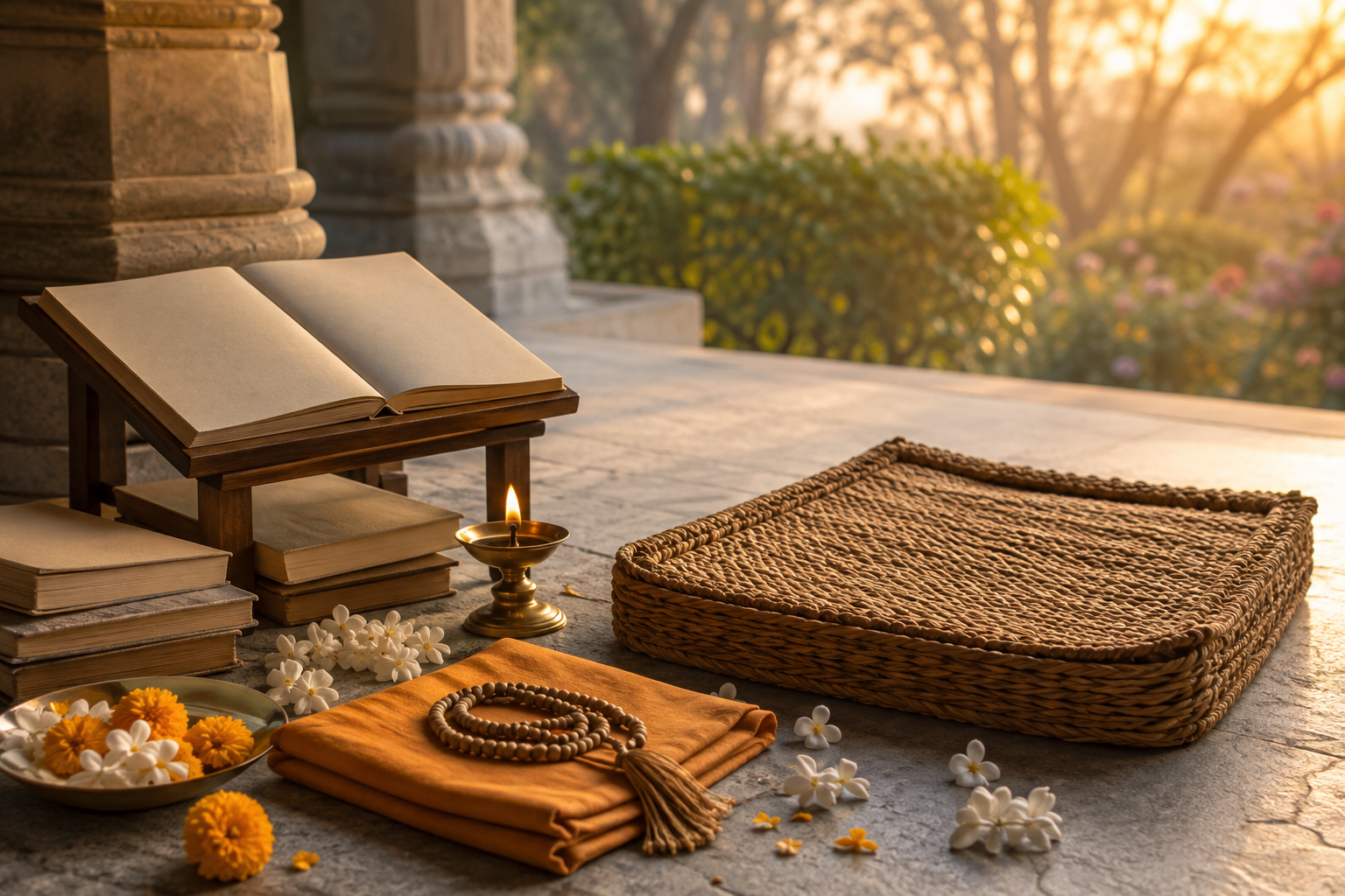 An empty meditation seat beside prayer beads, devotional books, flowers, and a glowing oil lamp on a quiet temple veranda at dawn.