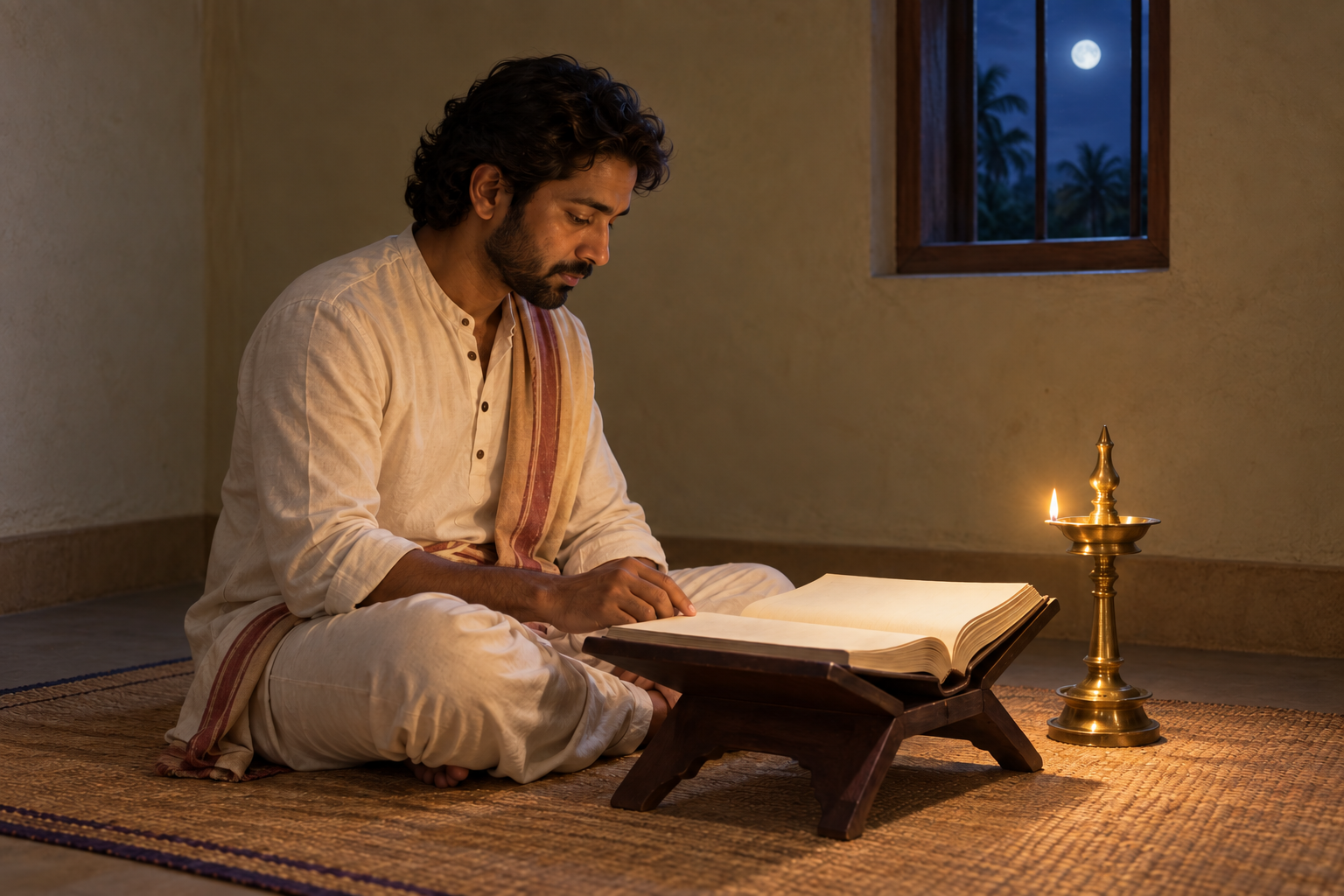 A person seated on a woven mat reads an open sacred book by the light of a brass lamp.