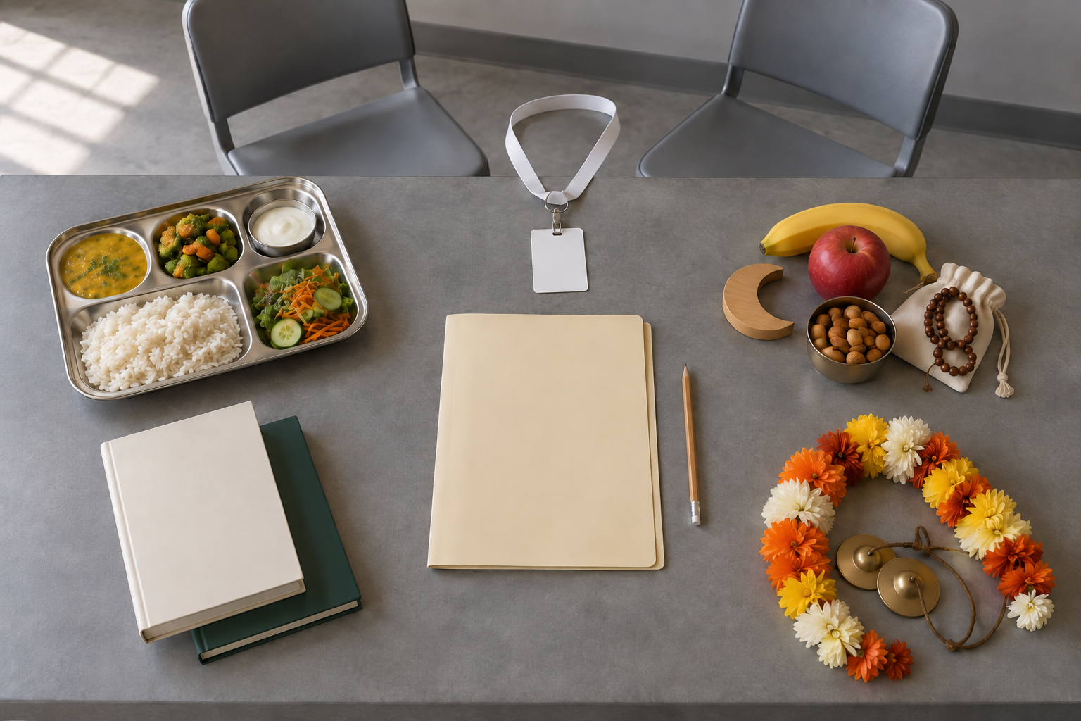 Five groups of objects on an institutional table represent chaplaincy access, vegetarian food, Ekadasi observance, devotional literature and festival support.