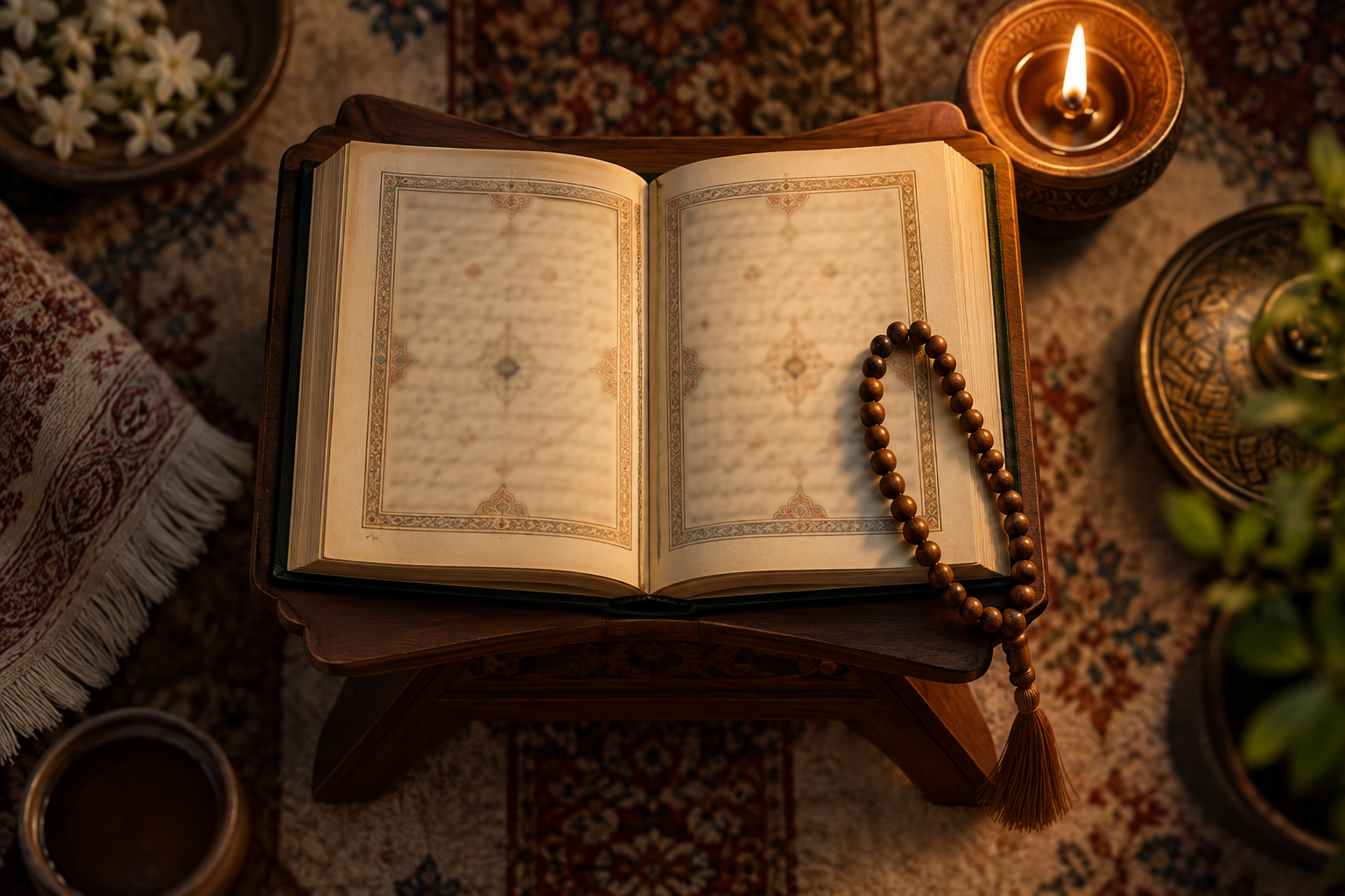 An open sacred book, prayer beads, and a small oil lamp appear in sharp focus against a softly blurred background.