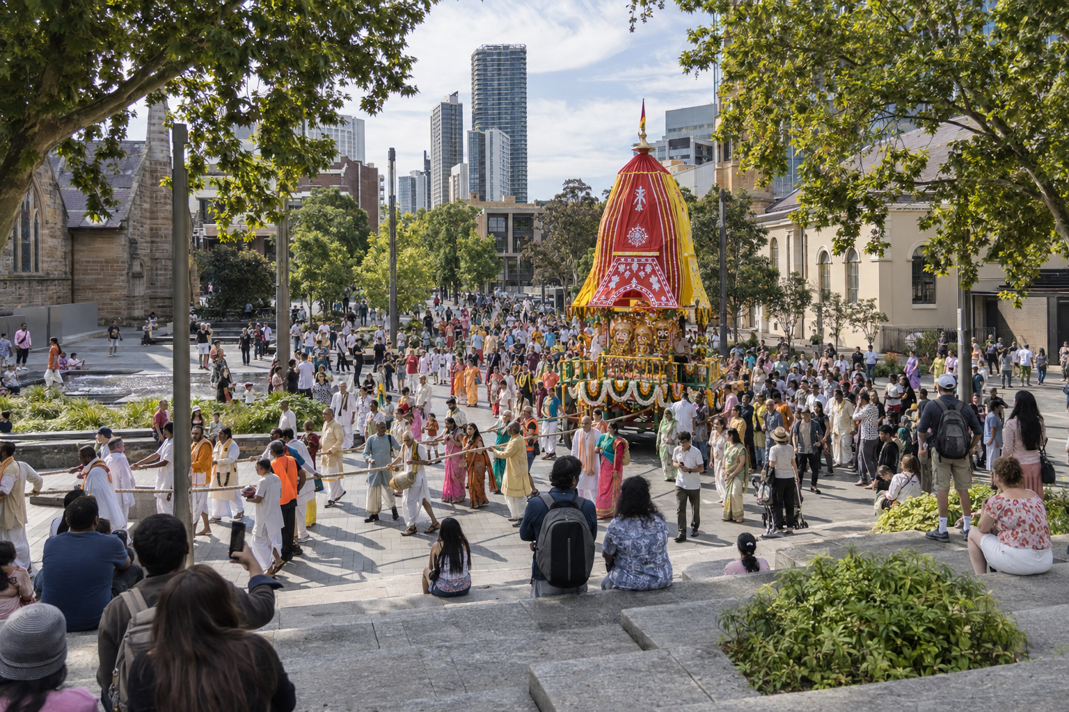 A colorful Rathayatra procession crosses an urban Parramatta square surrounded by trees, heritage buildings, modern towers, and onlookers.