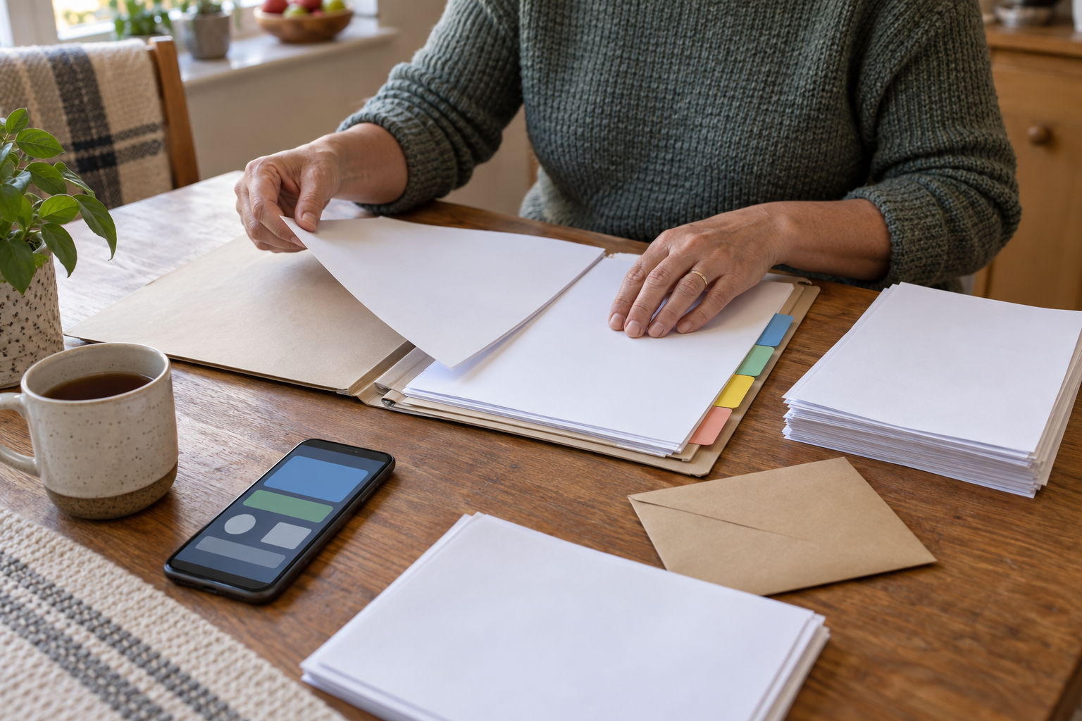 A family member organizes blank document copies, color-coded tabs, an envelope and a phone into a folder at a home table.