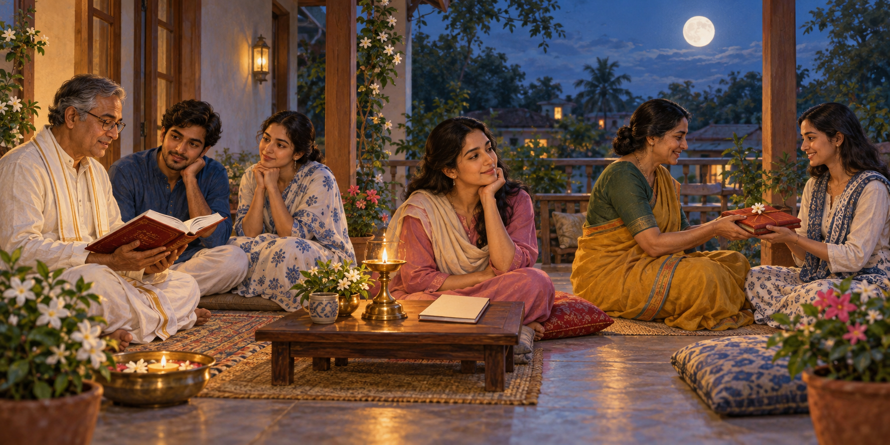People on a moonlit veranda read a sacred book, reflect quietly, and offer a wrapped copy to a friend.