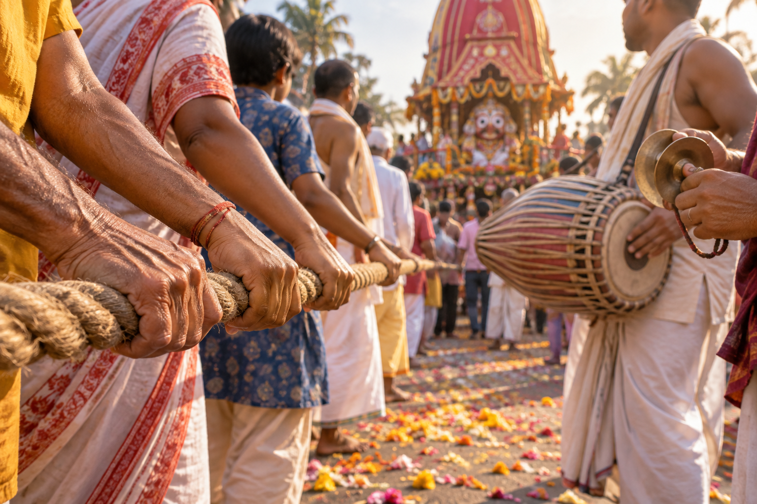Participants hold the chariot rope beside a drummer and hand-cymbal player, with flower petals and the decorated chariot in the background.