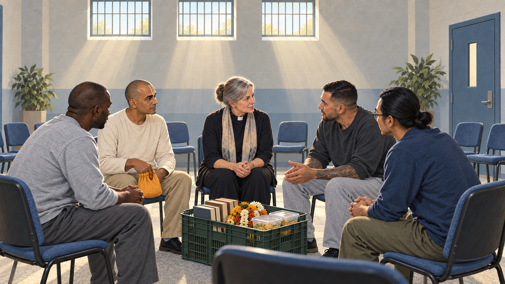 A chaplain holds a small pastoral gathering with prisoners in a prison multi-faith room, with devotional books, prayer beads and vegetarian food nearby.