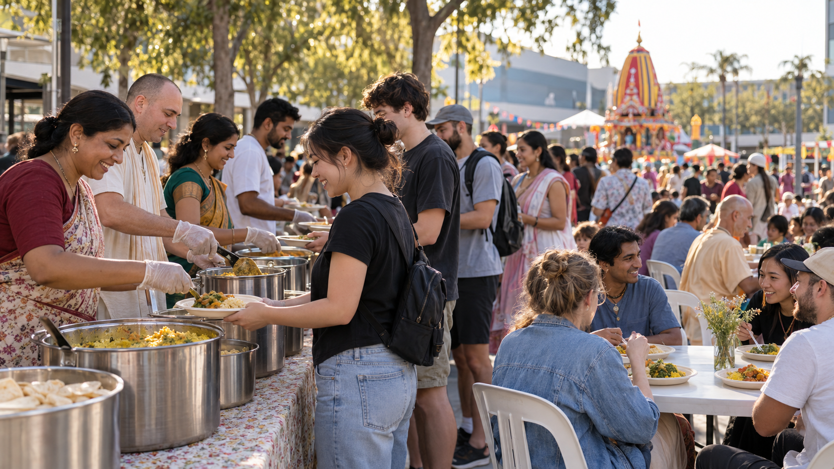 Volunteers serve vegetarian prasadam to a diverse group of festival visitors seated together at outdoor tables.