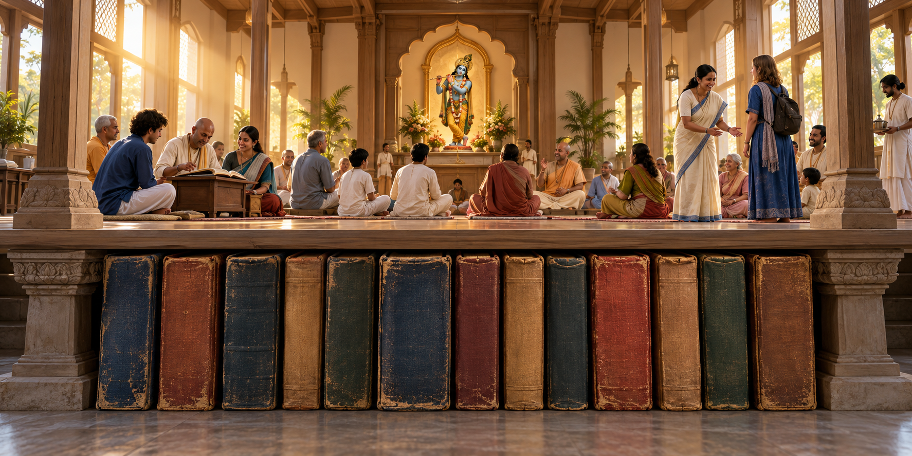 Hardbound spiritual books form a cornerstone beneath a temple hall where devotees of several generations study and serve together.