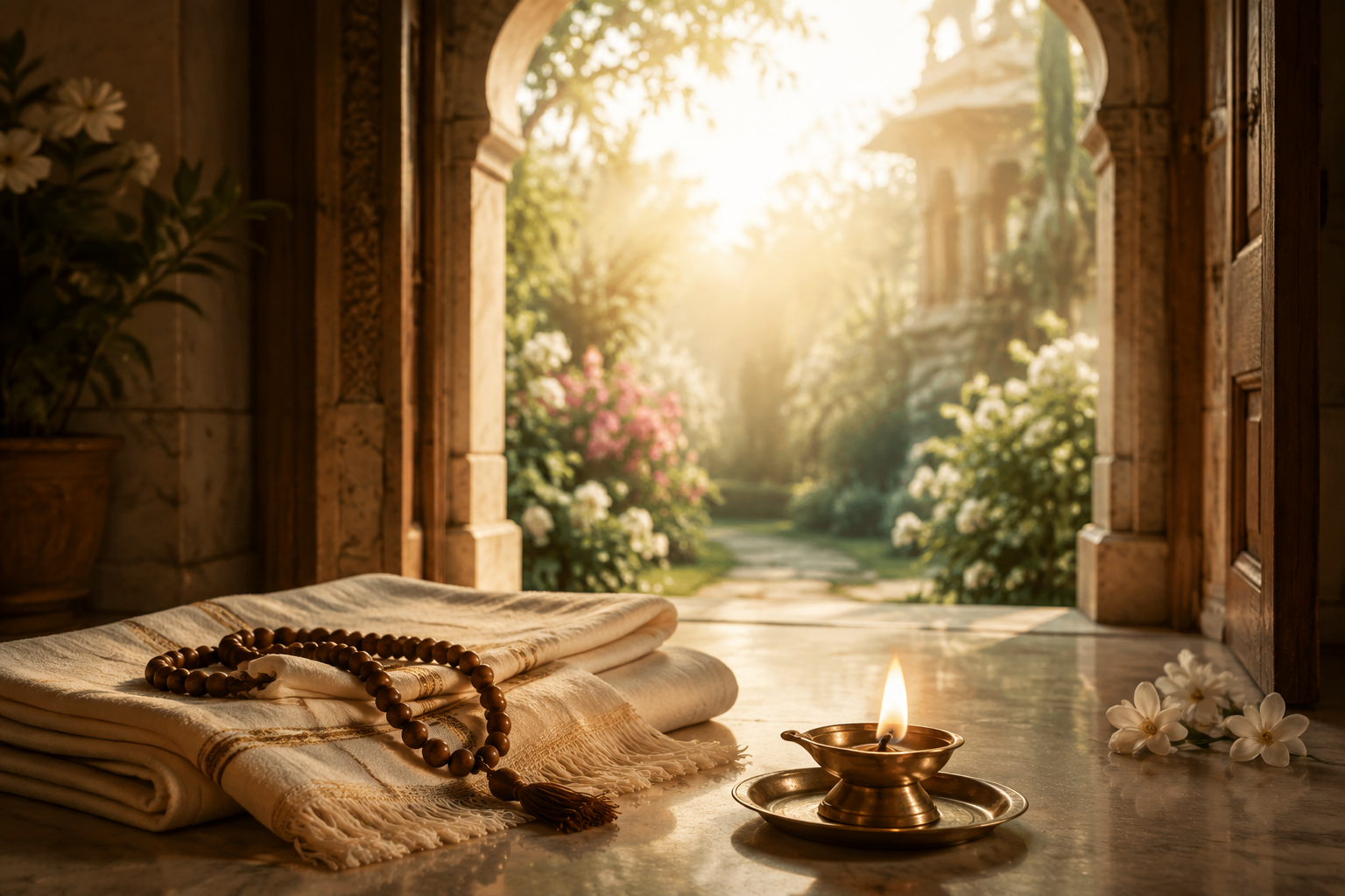 A folded devotional shawl and wooden prayer beads lie beside a lit brass lamp near an open doorway leading to a sunlit garden.