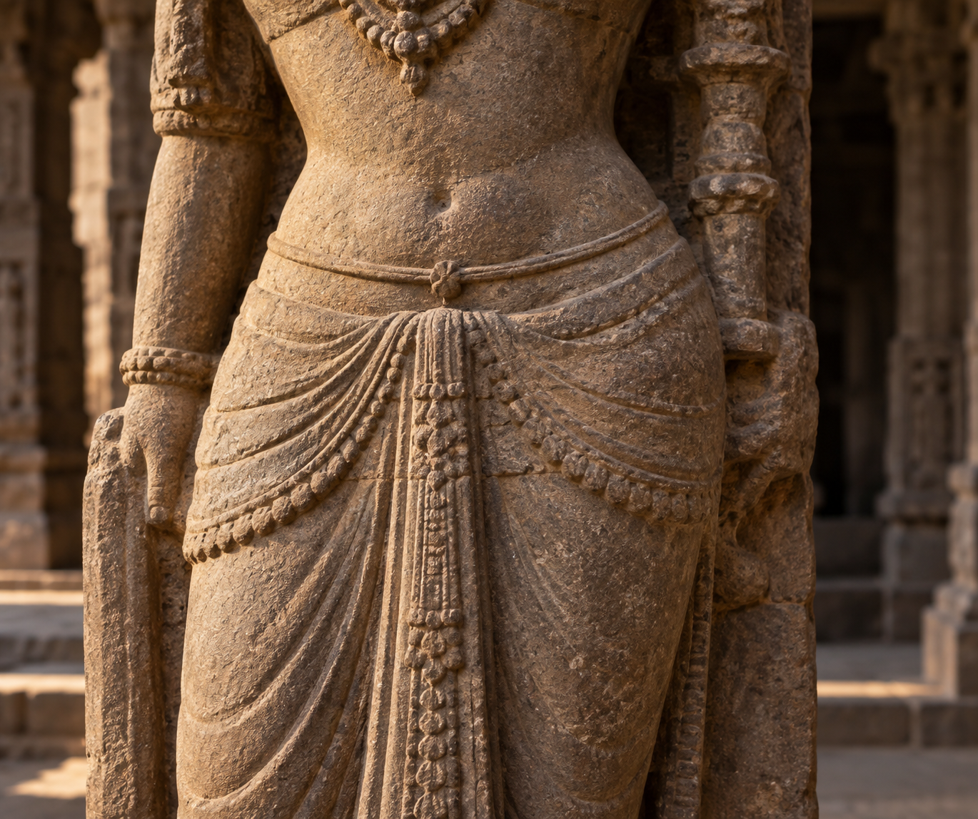 Close view of a weathered stone temple figure with a slender carved cord encircling the waist above a draped garment.
