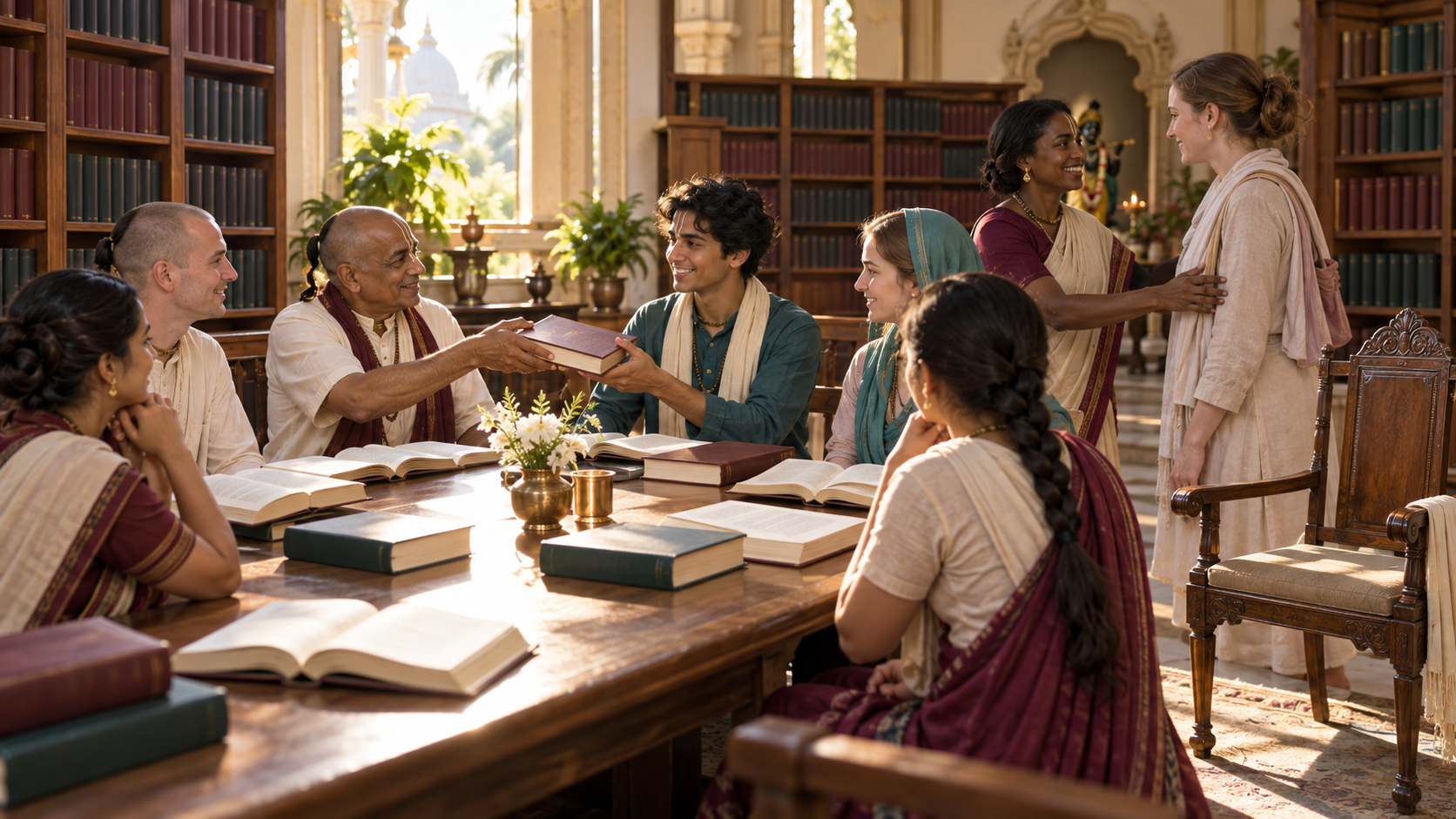 Devotees of different ages study open spiritual books together in a temple library beside an empty teacher's seat.