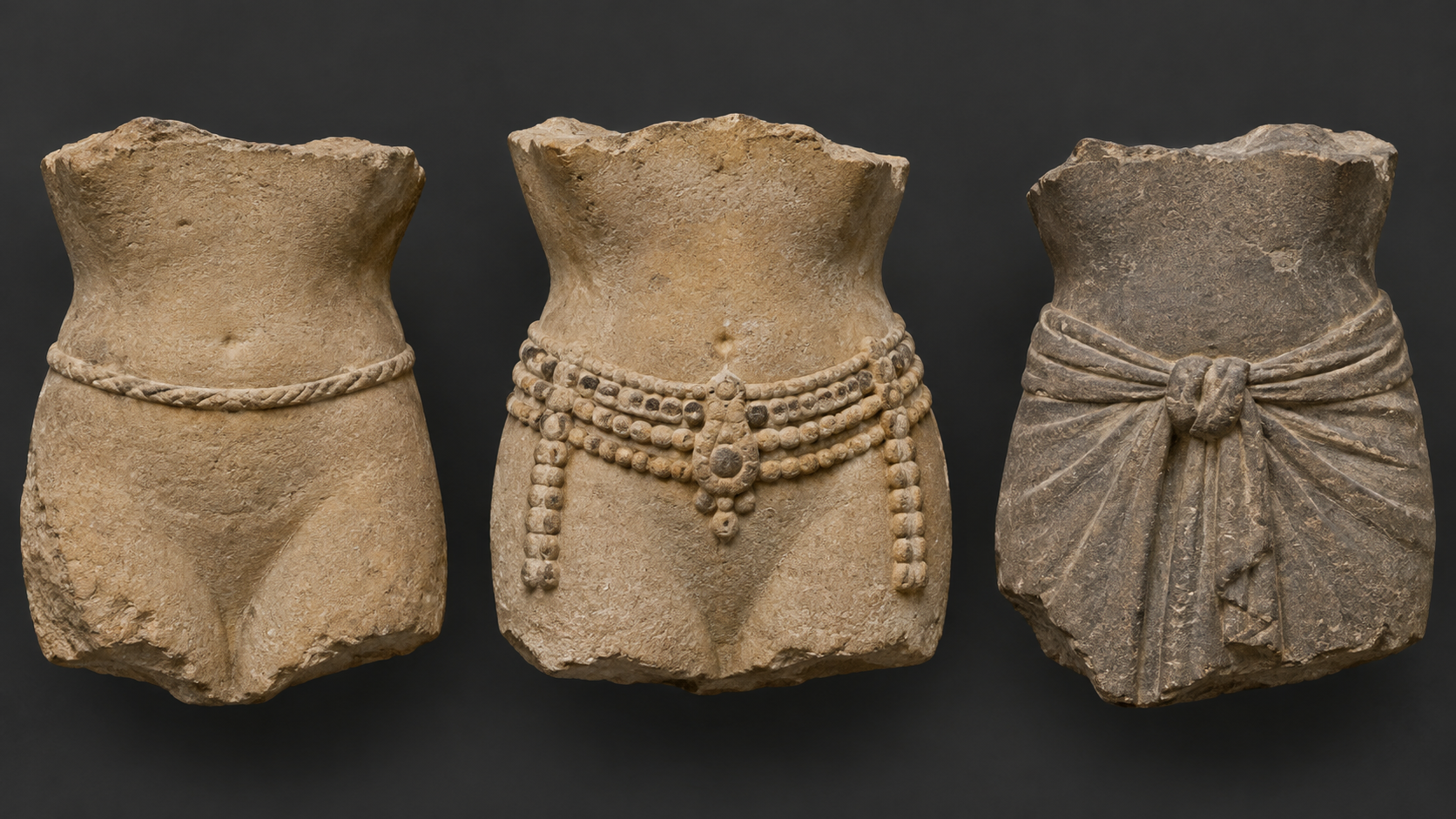 Three stone sculptural torsos display a plain waist cord, an ornate beaded girdle, and the folded edge of a garment.