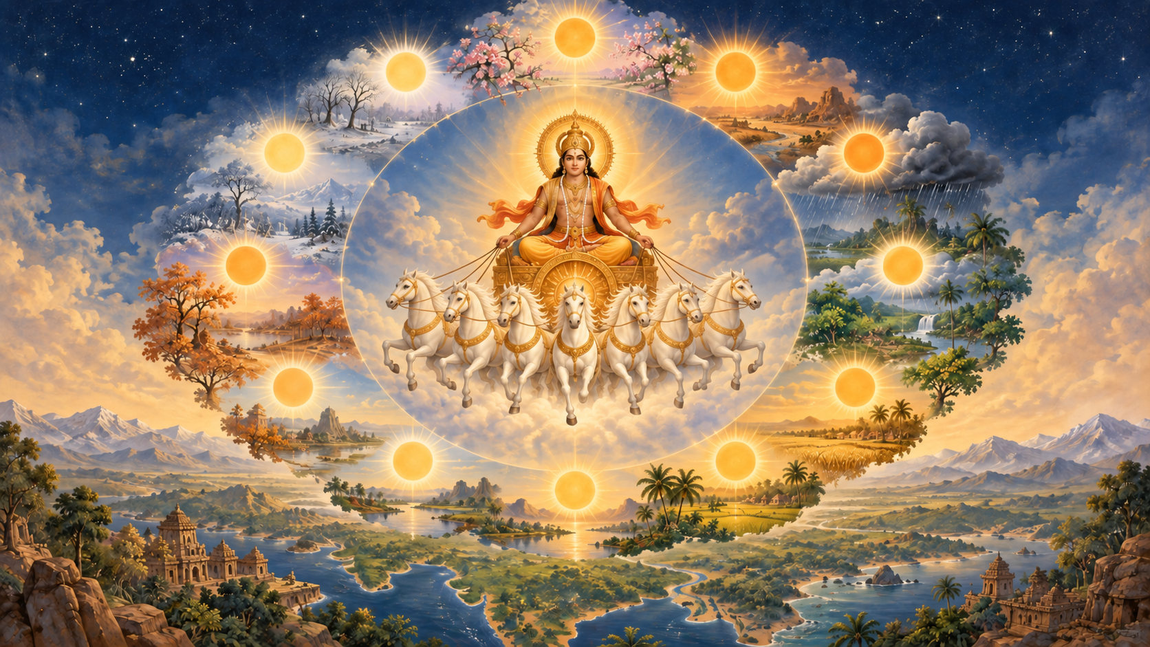 Surya rides a golden chariot at the center of twelve sun disks surrounded by changing seasonal landscapes.