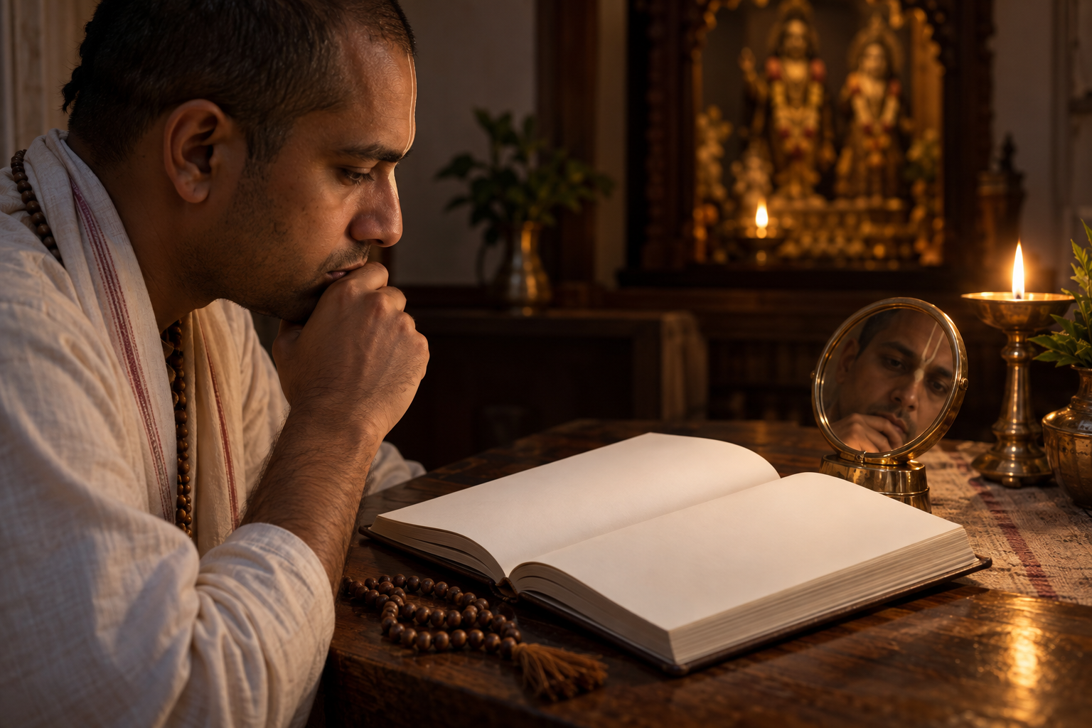 A devotional reader studies an open book at a wooden desk while their face is reflected in a polished brass surface.