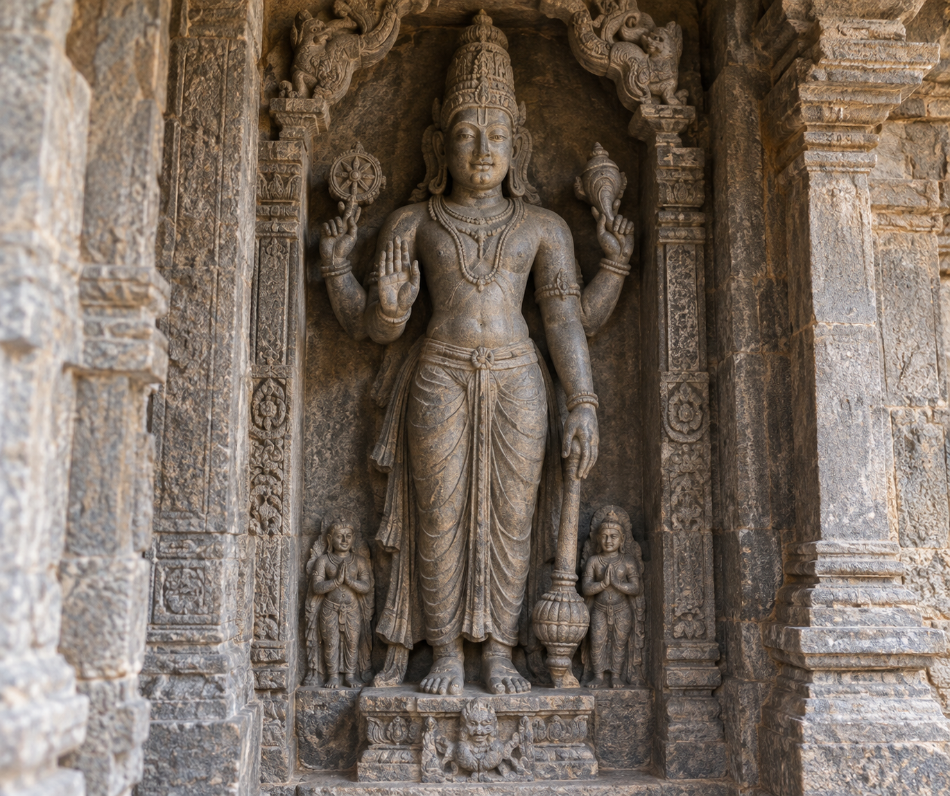 Standing stone deity in a temple niche with a simple waist cord aligned with the centered posture and draped lower garment.