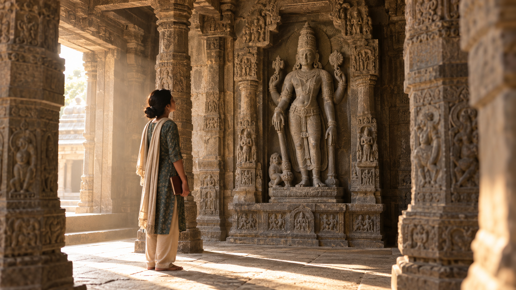 Visitor observing a complete stone temple figure from a respectful distance inside a columned hall.
