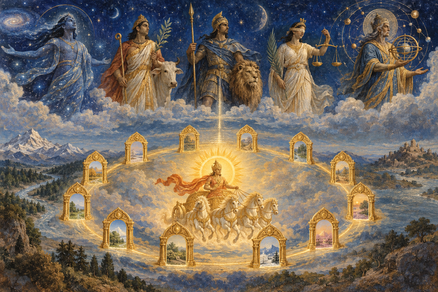 Distinct celestial figures appear above Surya passing through twelve golden gateways in a two-layer symbolic scene.