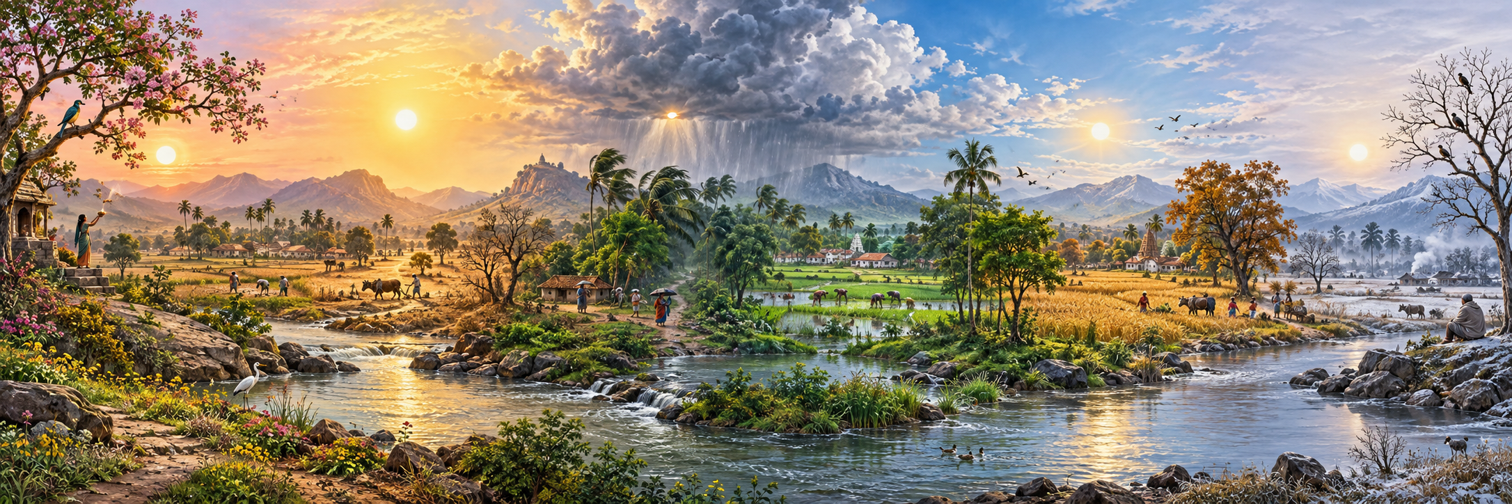 A continuous Indian landscape changes through six seasonal conditions beneath the Sun's path across the sky.