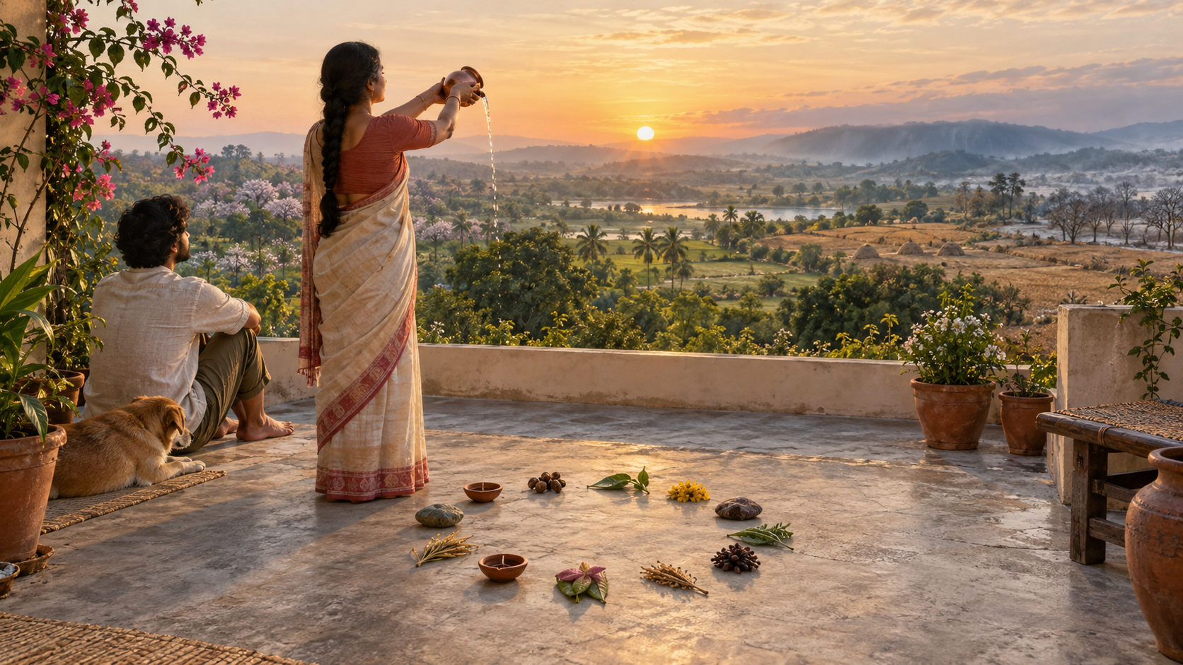 Two people observe sunrise on a terrace beside twelve unmarked seasonal tokens arranged in a circle.